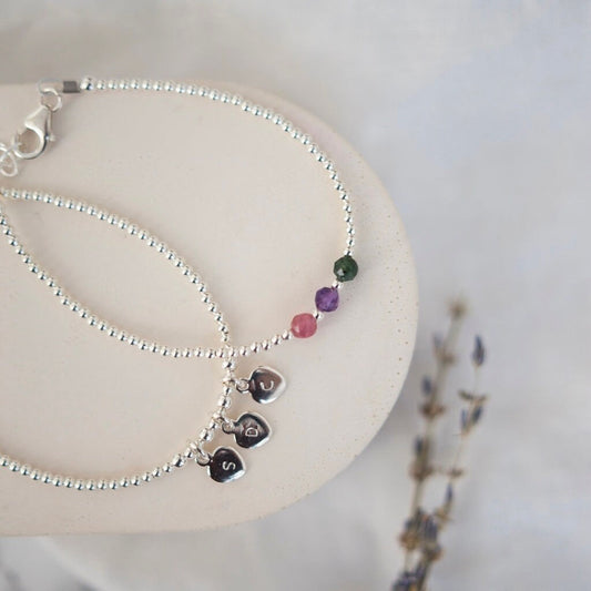 Personalised Family Birthstones & Initials Double Bracelet Set, Dainty Family Jewellery Set Sterling Silver