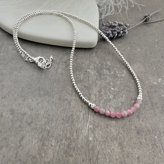 Thin Pale Pink Tourmaline and Sterling Silver Bead Necklace, October Birthstone