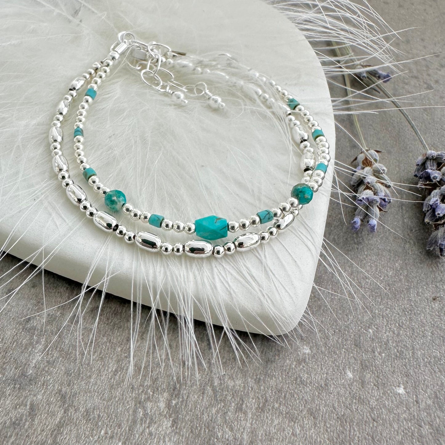 Set of Silver & Turquoise Bracelets, Dainty Turquoise Bracelet in Sterling Silver