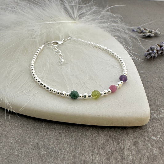 Birthstones Bracelet for Mum, meaningful gift for Mothering Sunday, , family birthstone jewellery in 2.5mm sterling silver