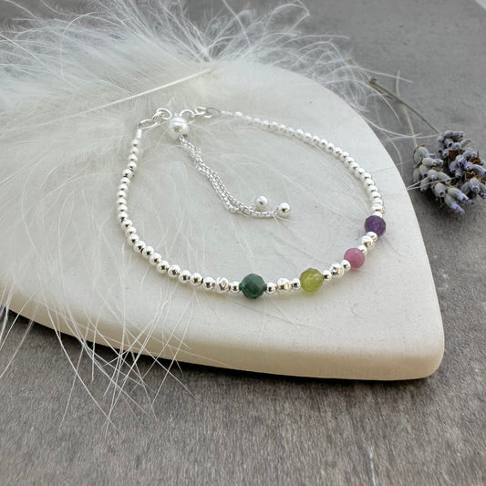 Sterling Silver Slider Bracelet for Mum with Family Birthstones, meaningful gift for Mother’s Day