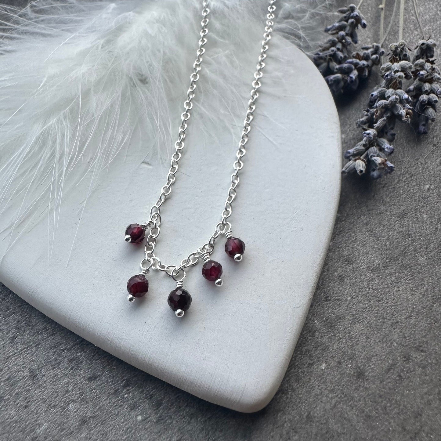 Dainty Garnet drops necklace sterling silver, January birthstone jewellery