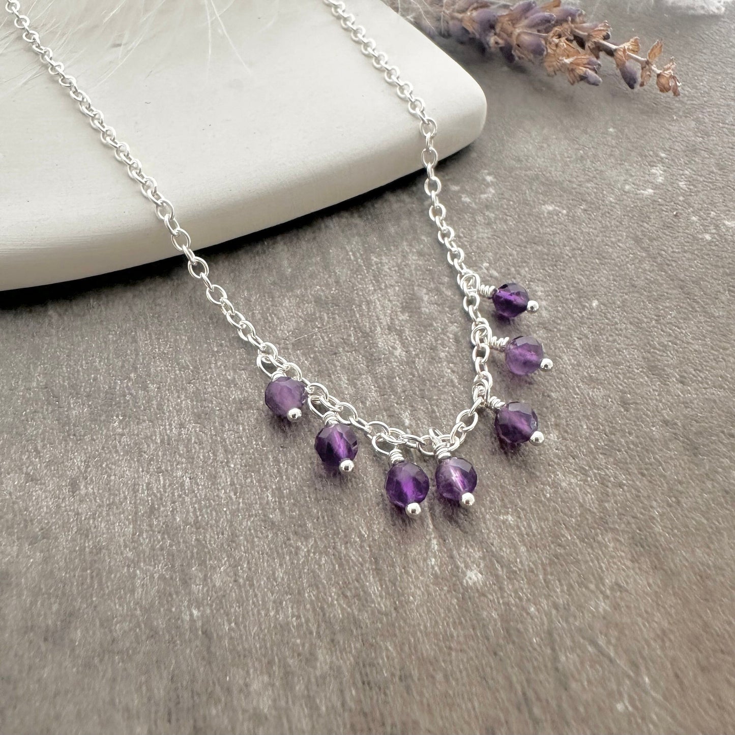 Dainty Amethyst drops necklace sterling silver, February birthstone jewellery