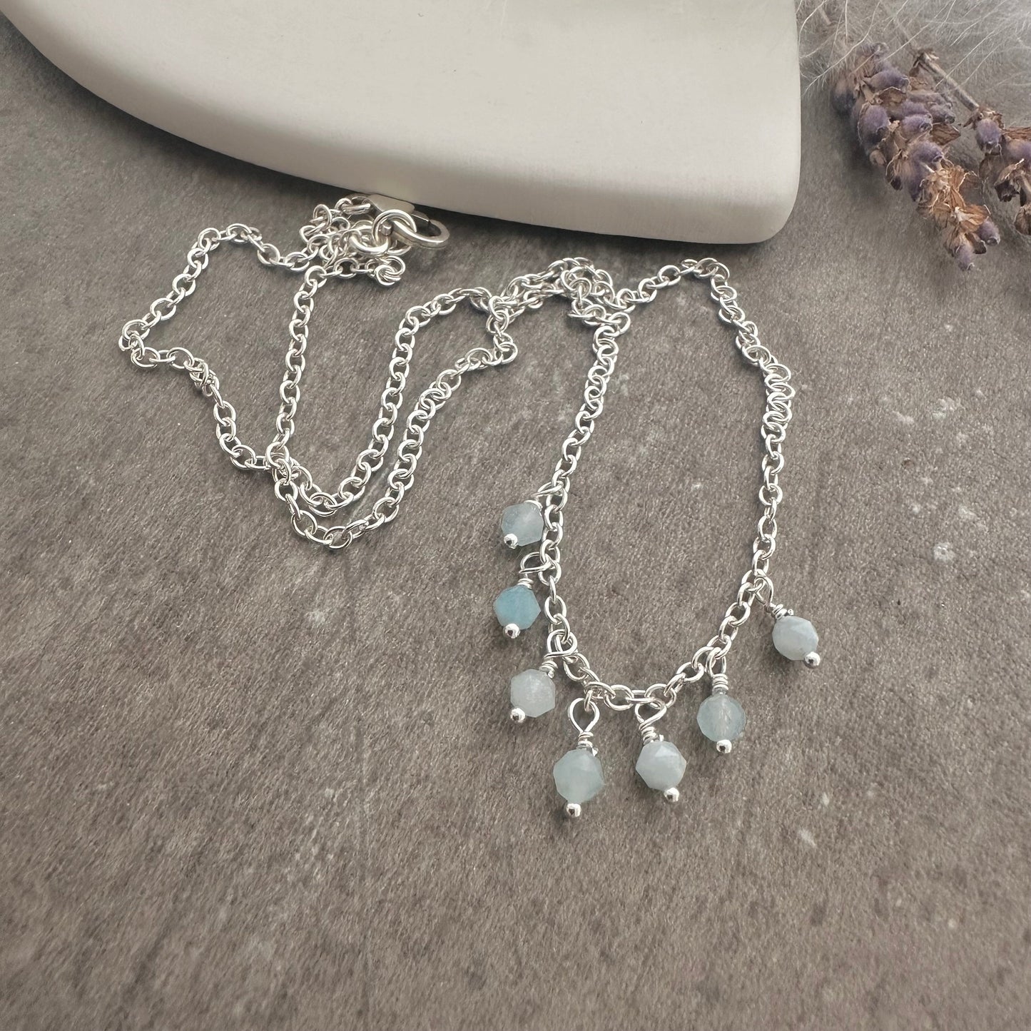 Dainty Aquamarine drops necklace sterling silver, March birthstone jewellery