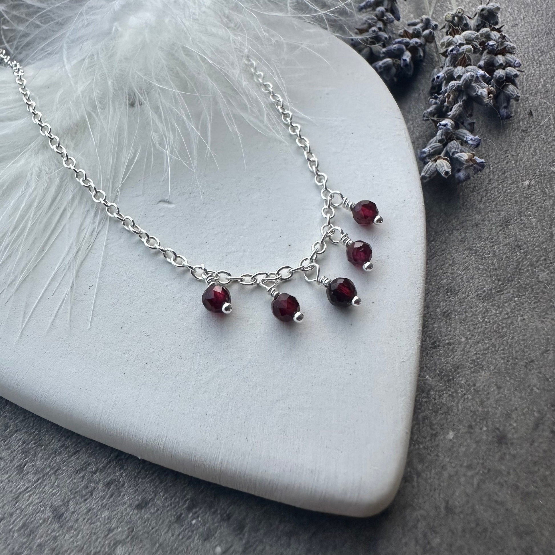 Dainty Garnet drops necklace sterling silver, January birthstone jewellery