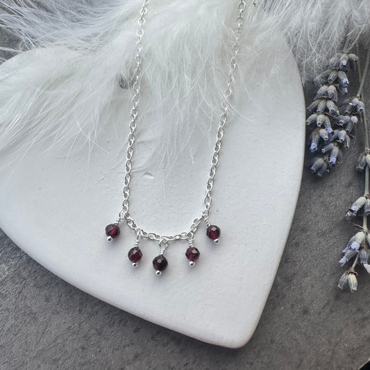 Dainty Garnet drops necklace sterling silver, January birthstone jewellery