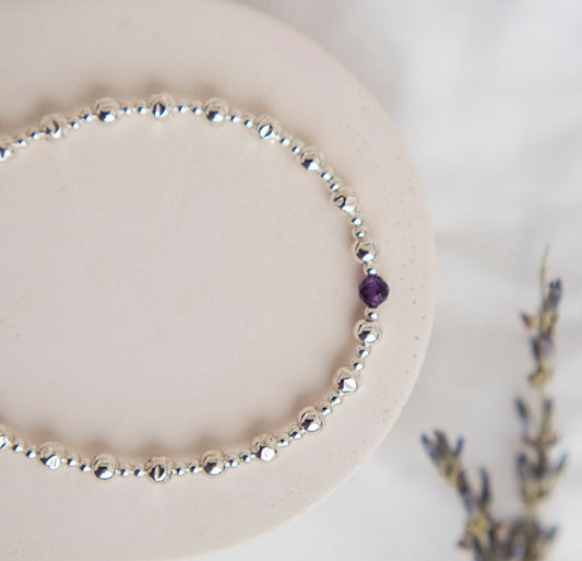 February Amethyst Textured Layering Bracelet, , 4mm sterling silver bead bracelet with February birthstone