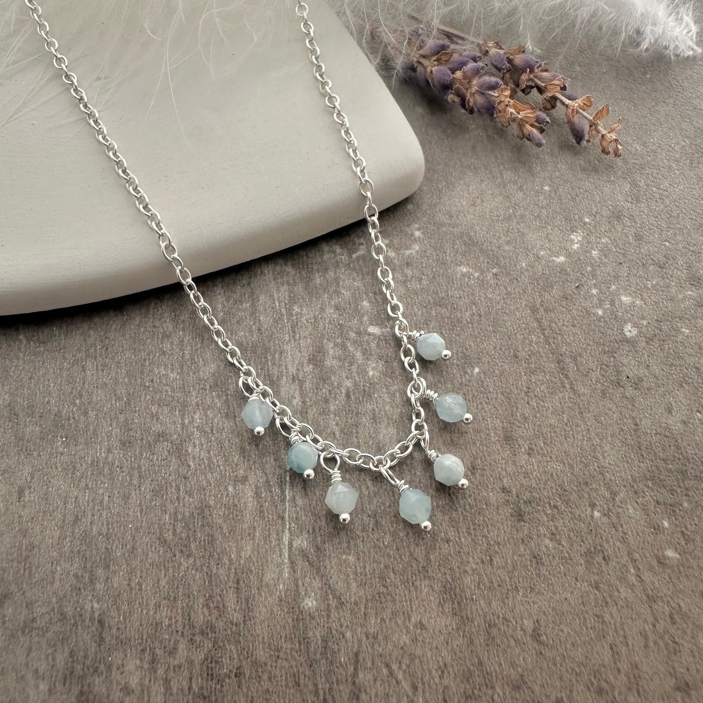 Dainty Aquamarine drops necklace sterling silver, March birthstone jewellery