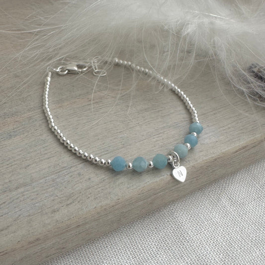 Personalised Aquamarine Bracelet, Dainty March Birthstone Jewellery in Sterling Silver