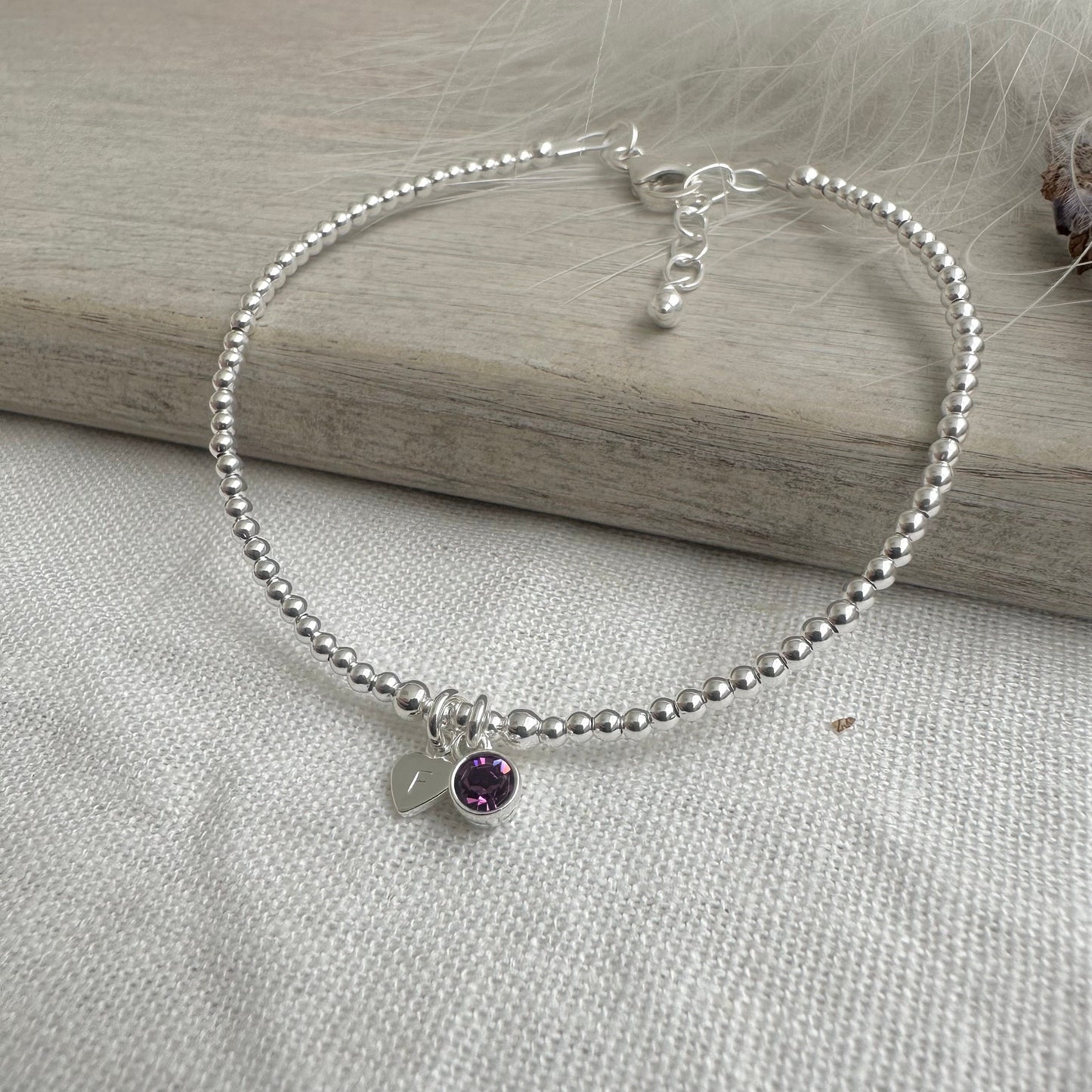 Dainty February Birthstone CZ Initial Bracelet, Personalised Jewellery