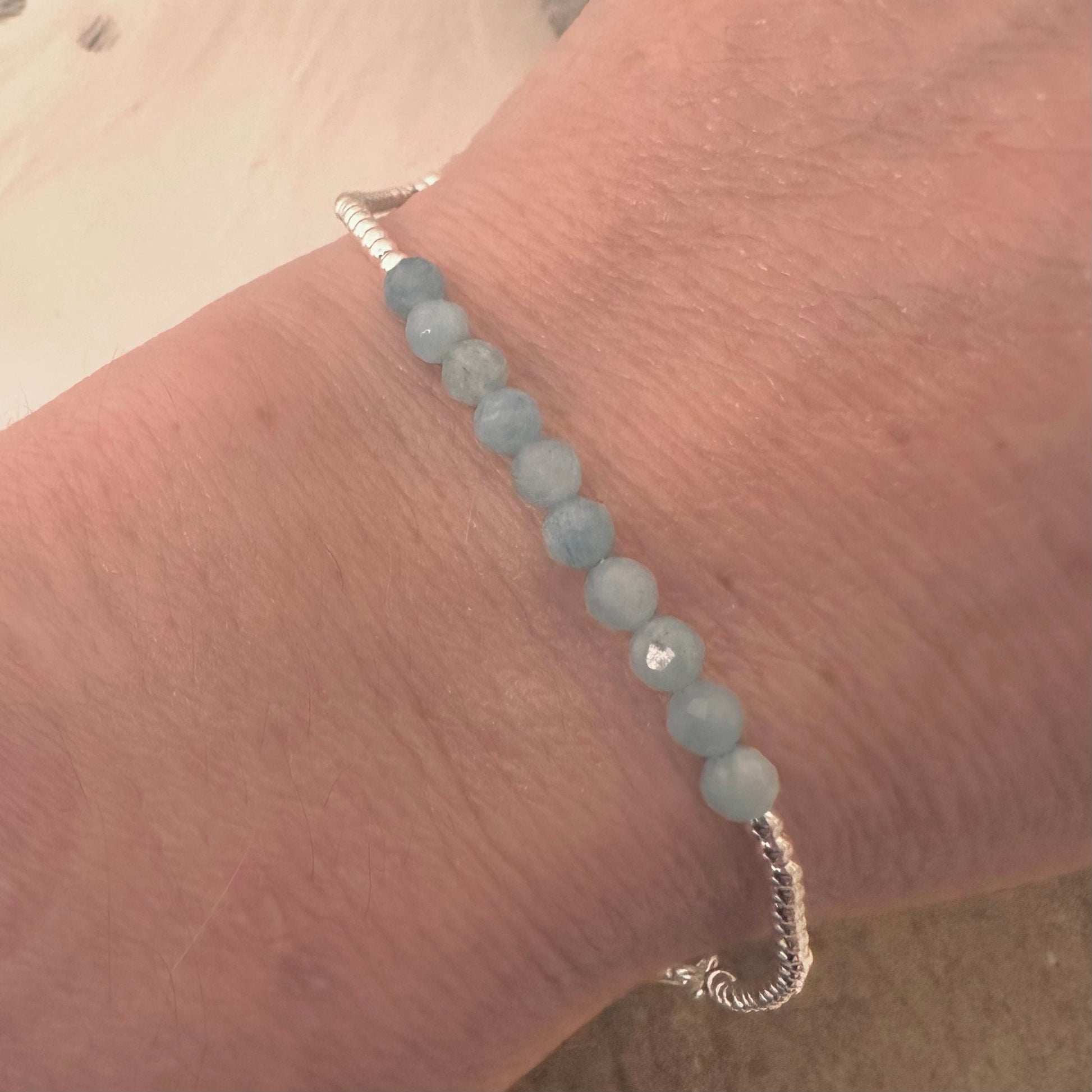 Aquamarine March Birthstone Bracelet, dainty stacking bracelet in sterling silver