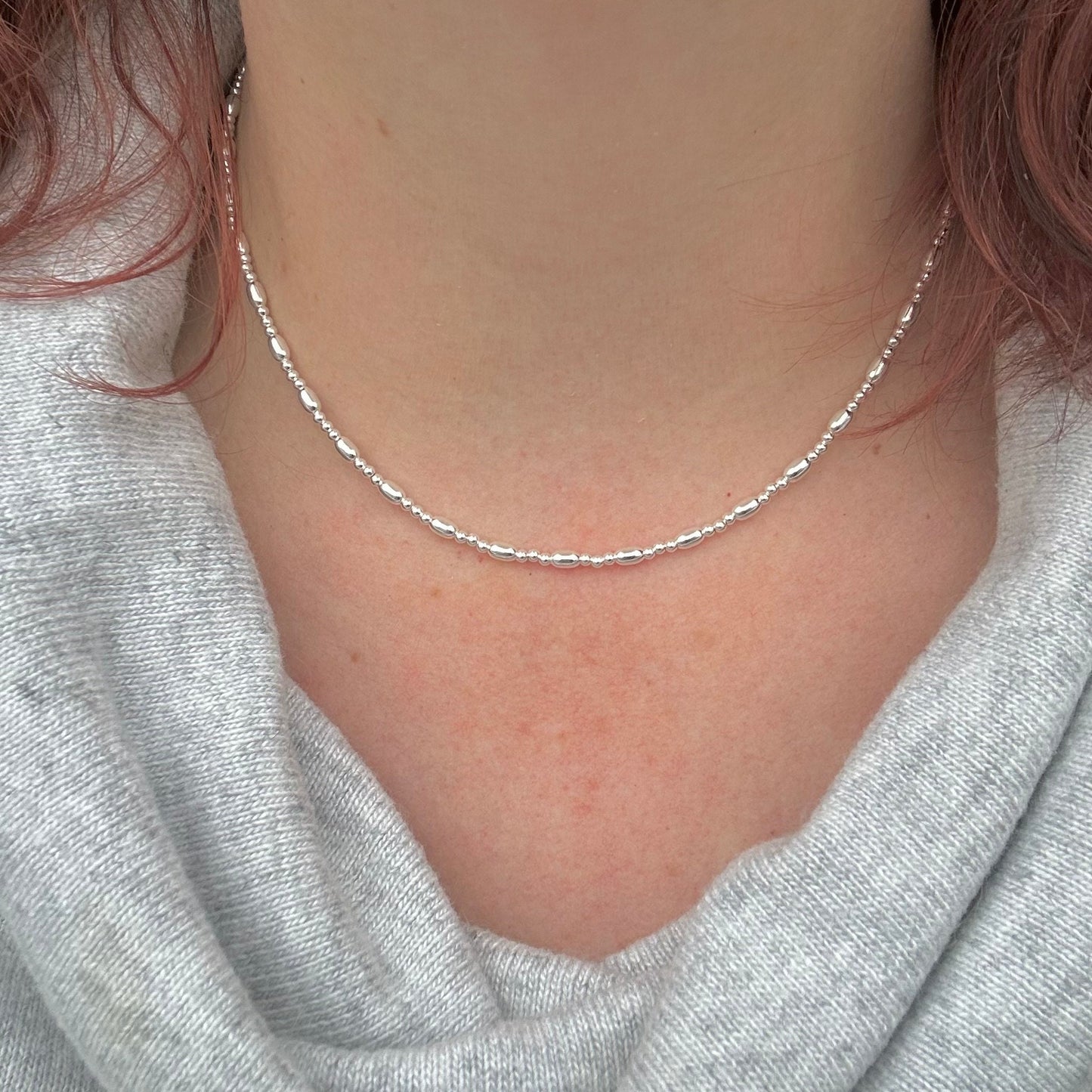 Thin Sterling Silver Oval Beaded Necklace, dainty necklace