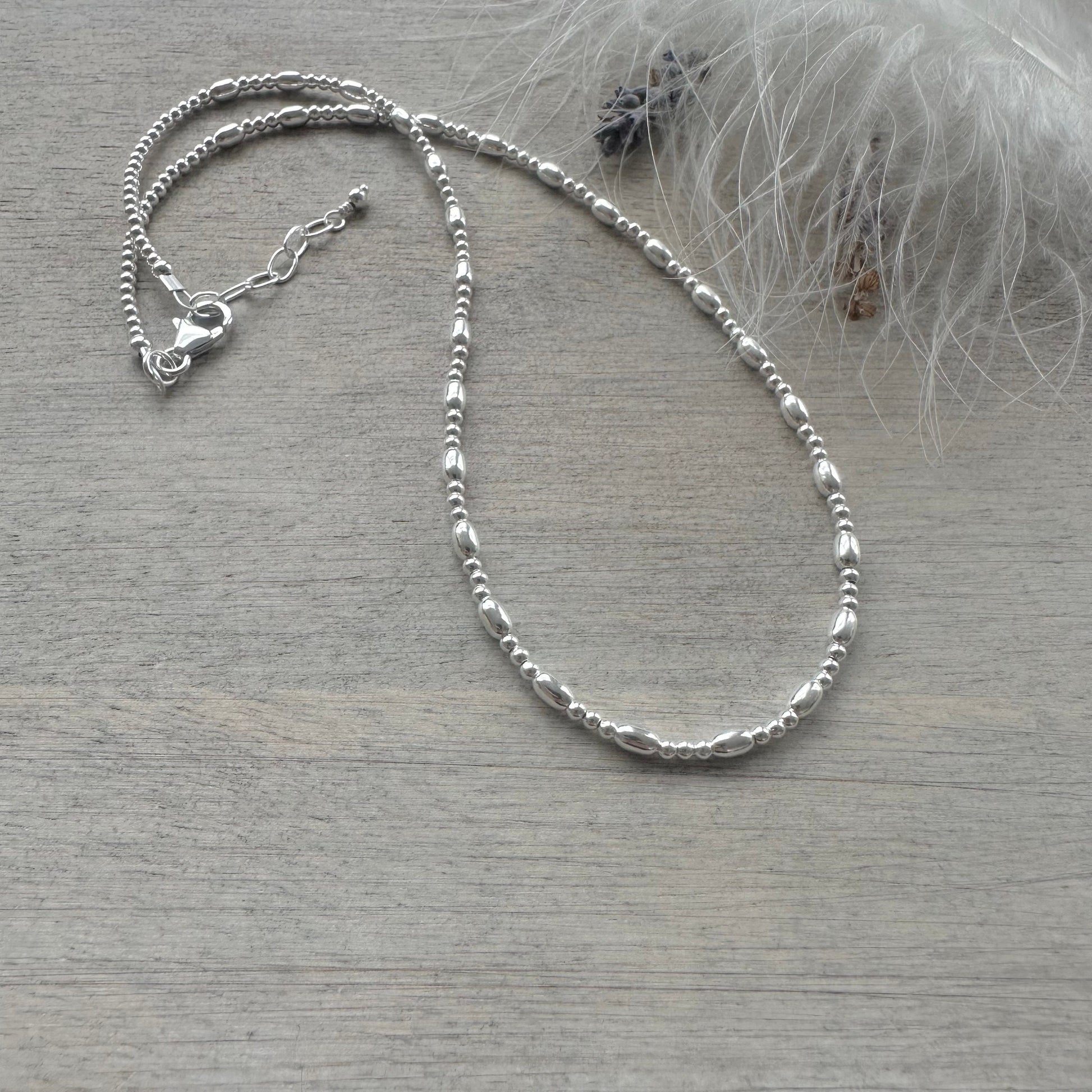 Thin Sterling Silver Oval Beaded Necklace, dainty necklace