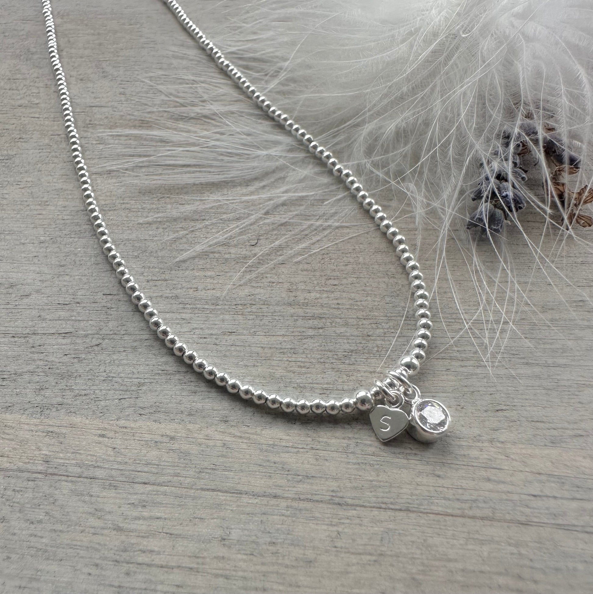 April Birthstone beaded necklace, personalised dainty Sterling Silver Beaded Jewellery