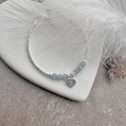 Personalised March Birthstone Bracelet, Dainty Aquamarine Bracelet in Sterling Silver nft