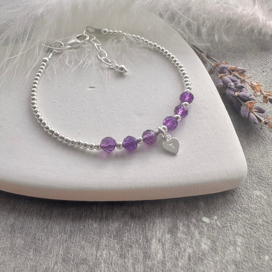 Personalised Amethyst Bracelet, Dainty February Birthstone Jewellery in Sterling Silver