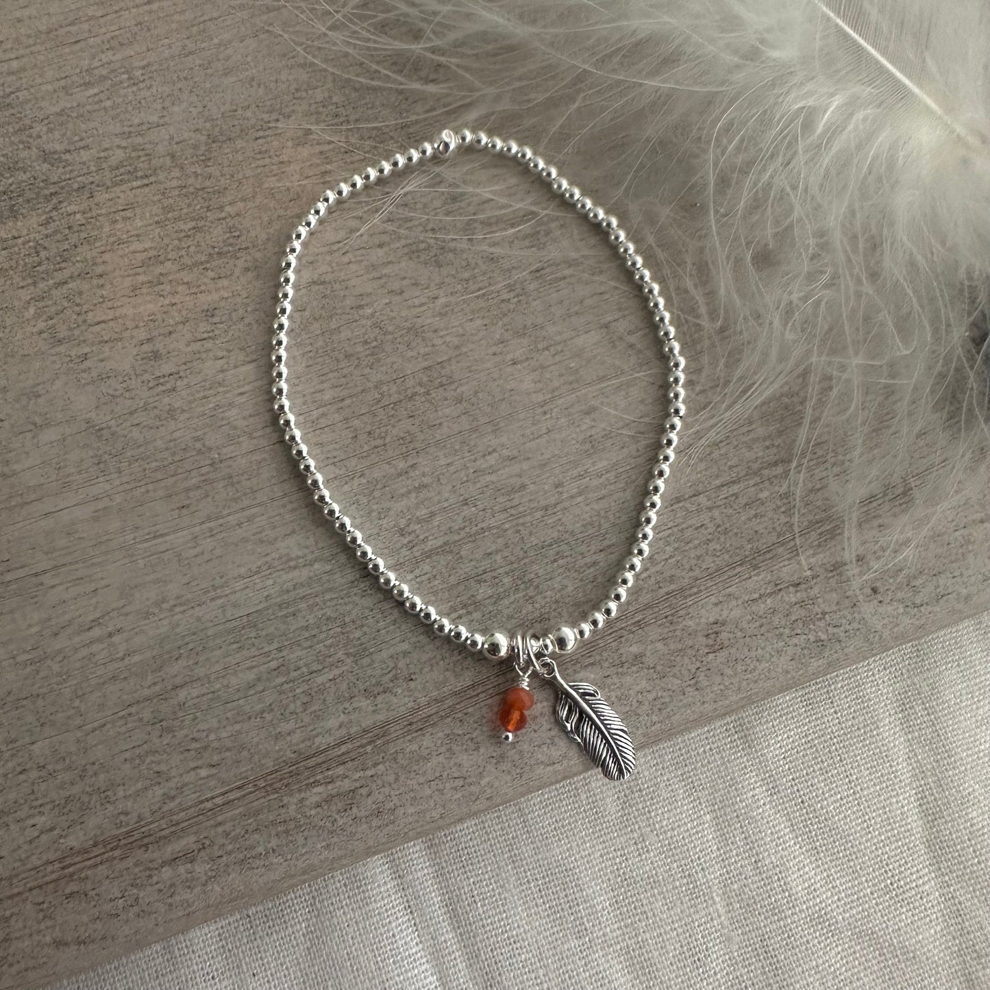 Stretch Feather Birthstone Charm Bracelet, Dainty Layering Sterling Silver bracelet with feather