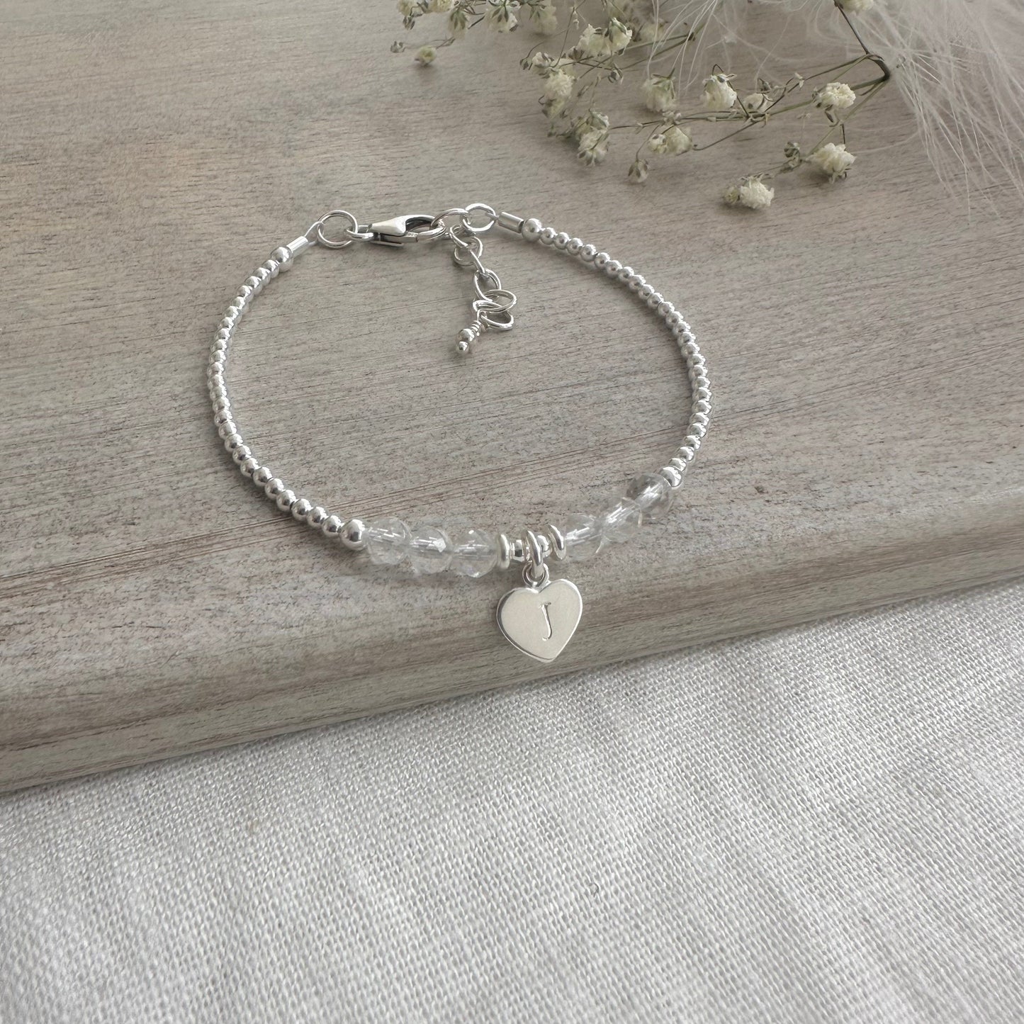 Personalised April Birthstone Bracelet, Dainty Rock Quartz Bracelet in Sterling Silver nft