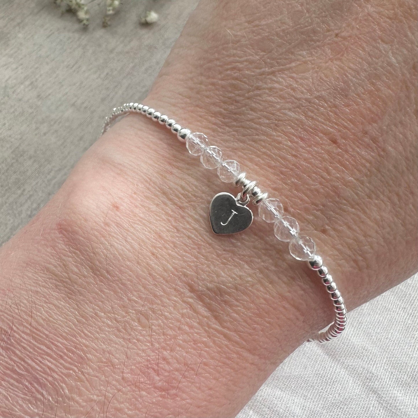 Personalised April Birthstone Bracelet, Dainty Rock Quartz Bracelet in Sterling Silver nft