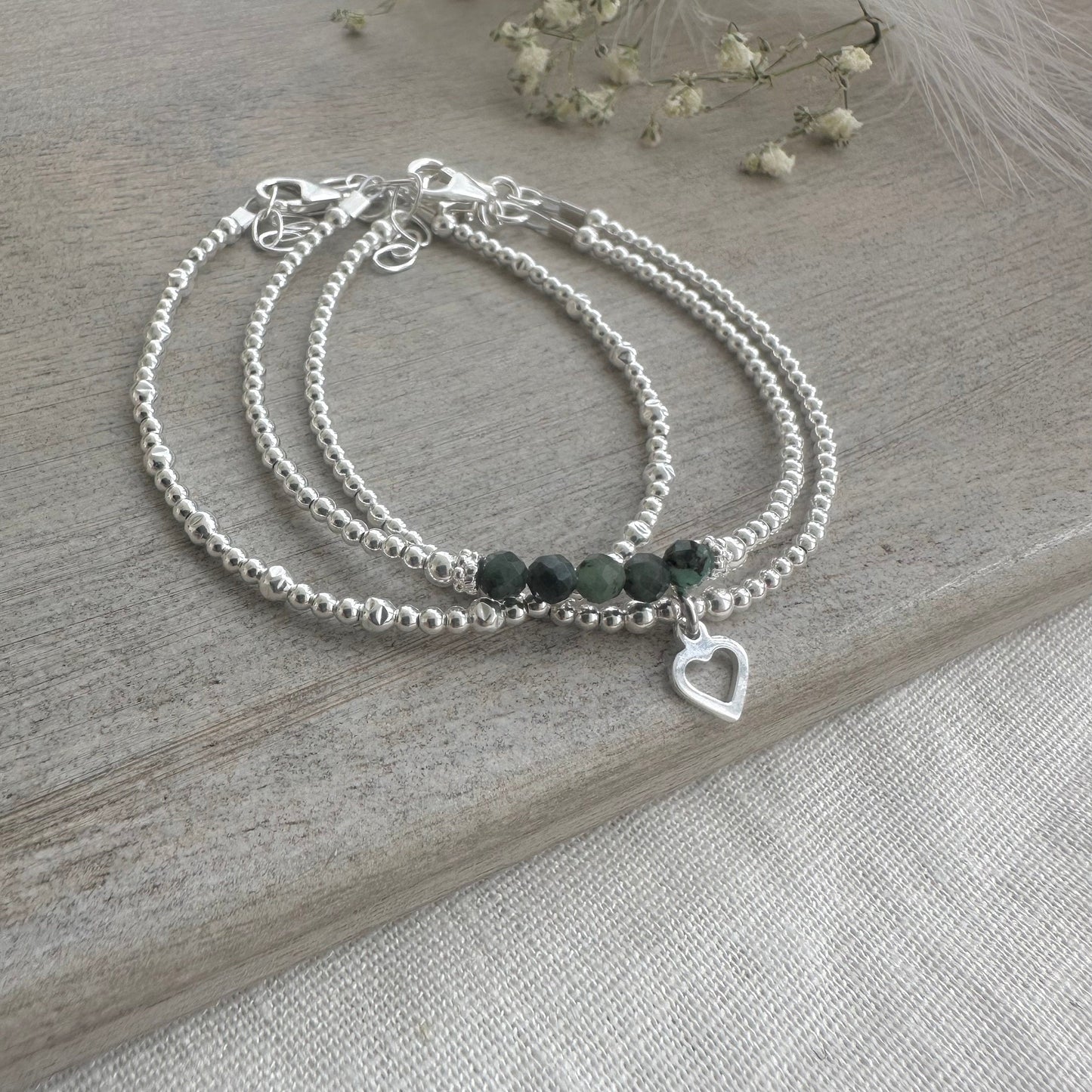 A Dainty May Birthstone Emerald Bracelet Set, May Stacking Bracelets for Women in Sterling Silver