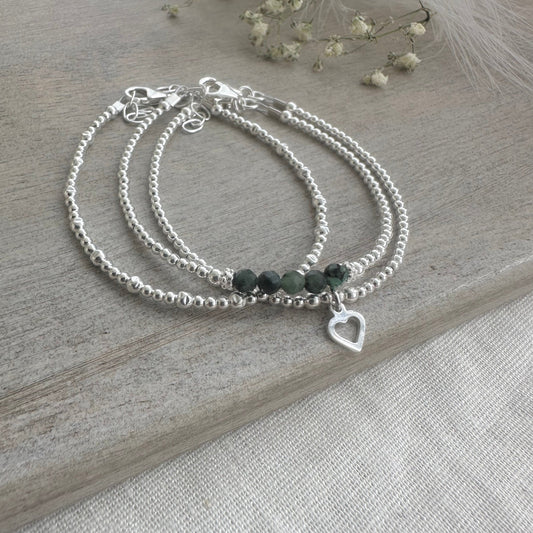 A Dainty May Birthstone Emerald Bracelet Set, May Stacking Bracelets for Women in Sterling Silver