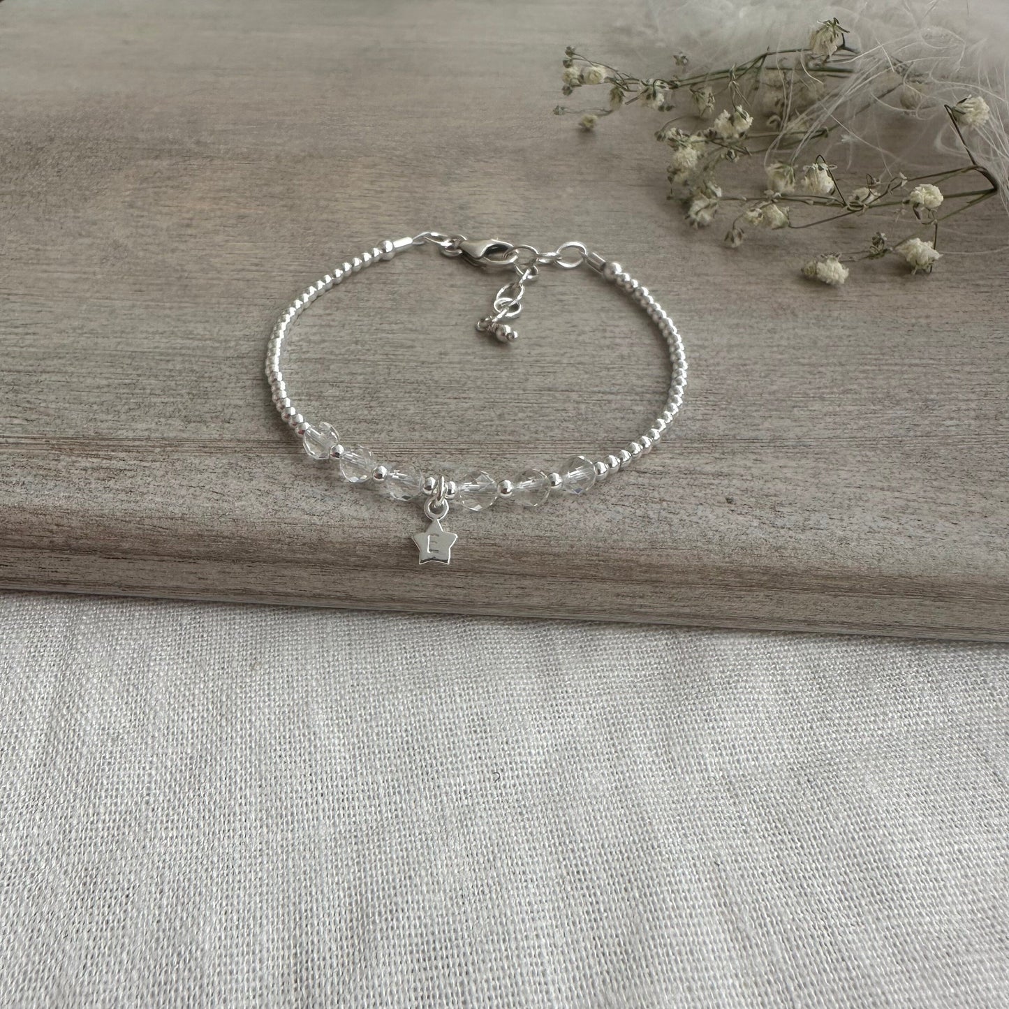 Personalised Star April Birthstone Bracelet, Dainty Rock Quartz Bracelet in Sterling Silver