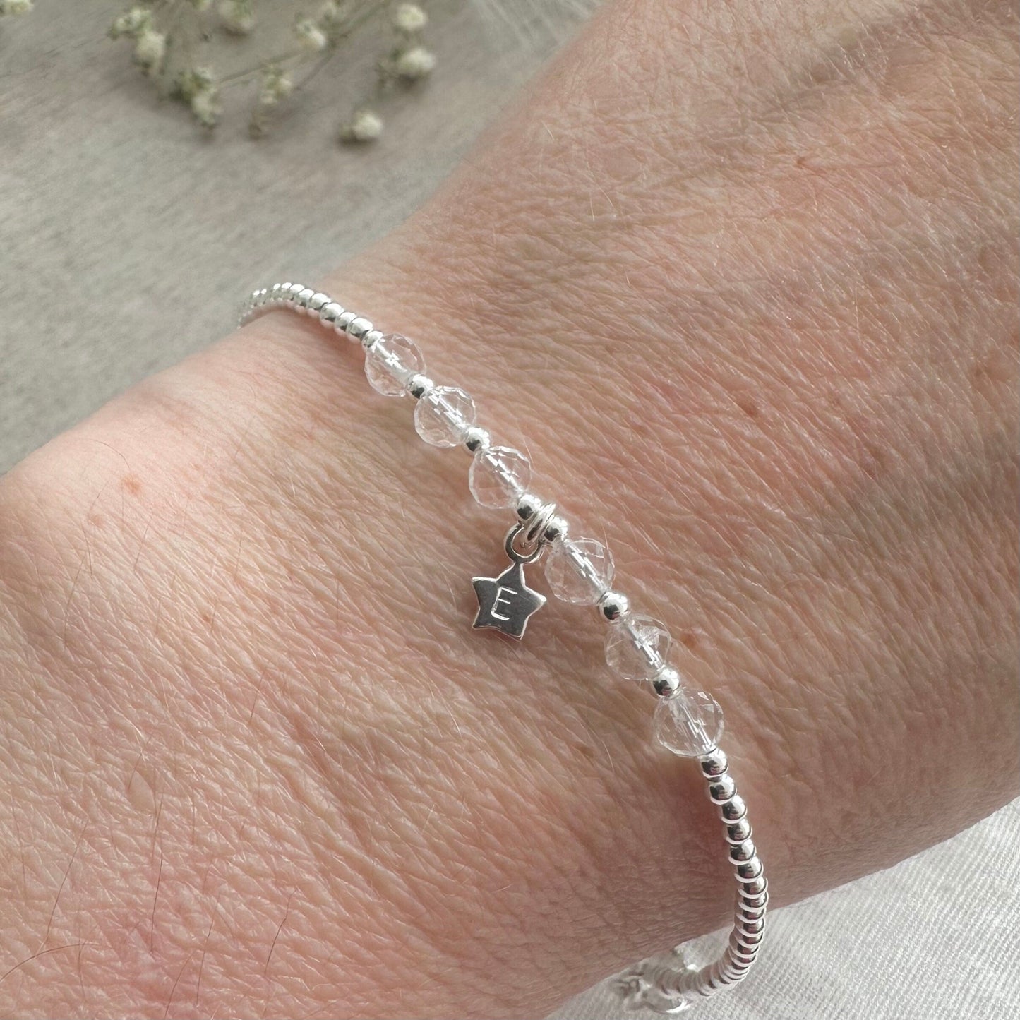 Personalised Star April Birthstone Bracelet, Dainty Rock Quartz Bracelet in Sterling Silver