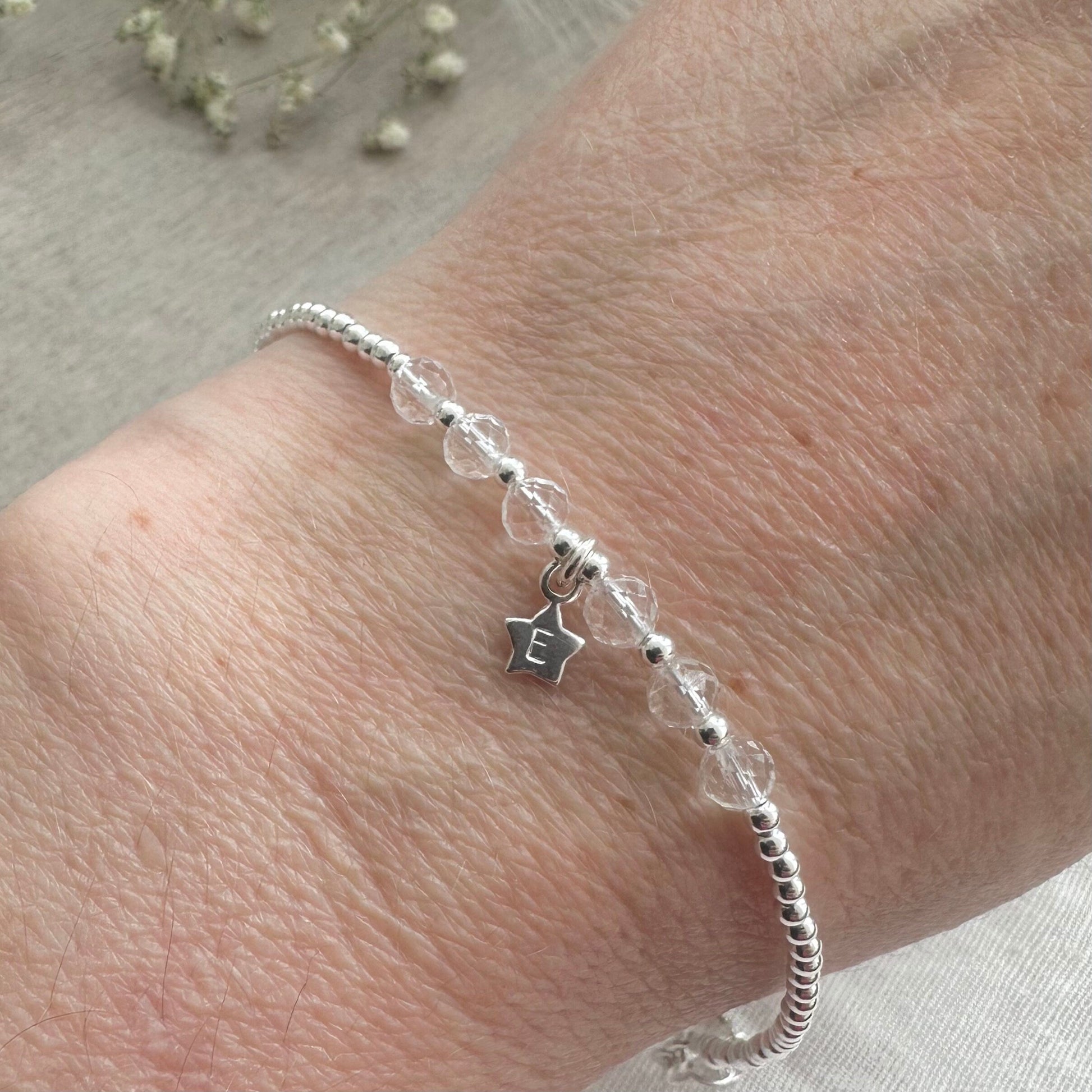 Personalised Star April Birthstone Bracelet, Dainty Rock Quartz Bracelet in Sterling Silver