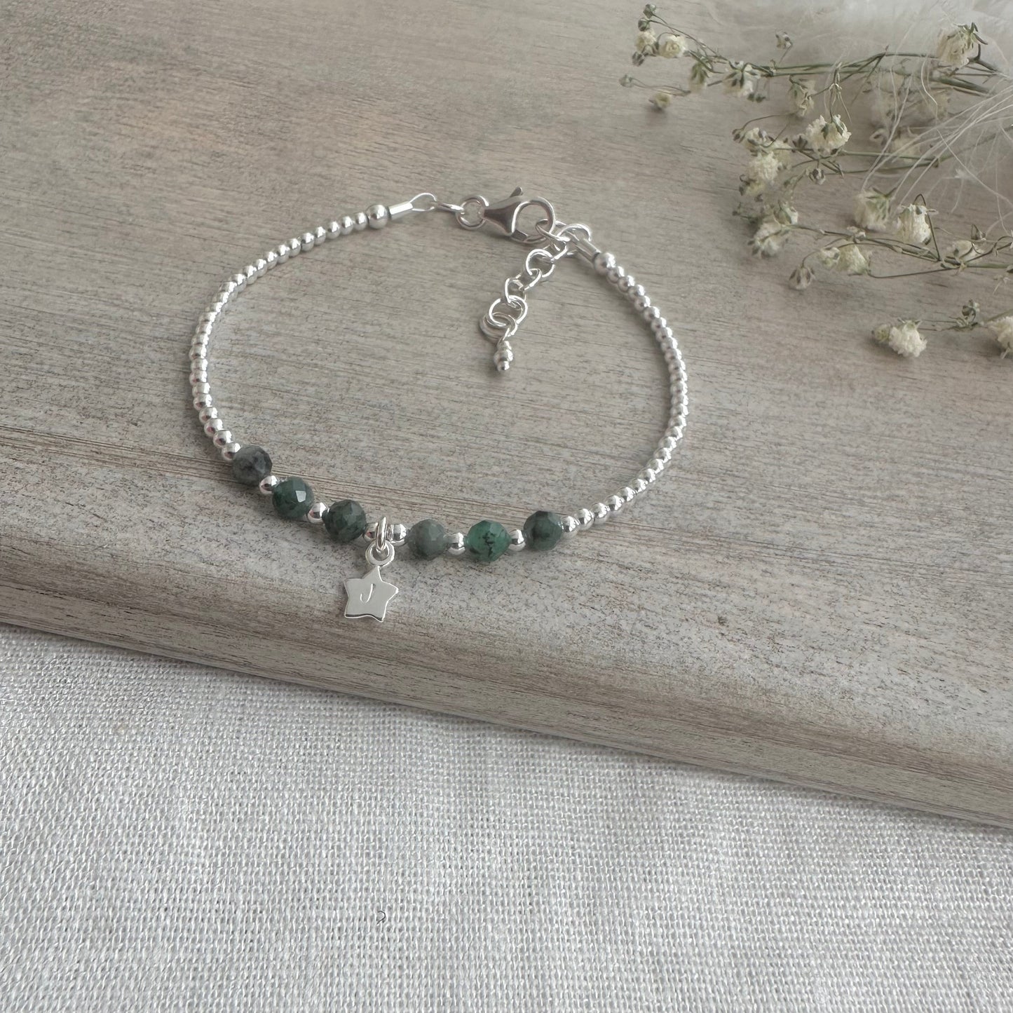 Personalised Emerald May Birthstone Bracelet with star charm, Dainty Jewellery in Sterling Silver