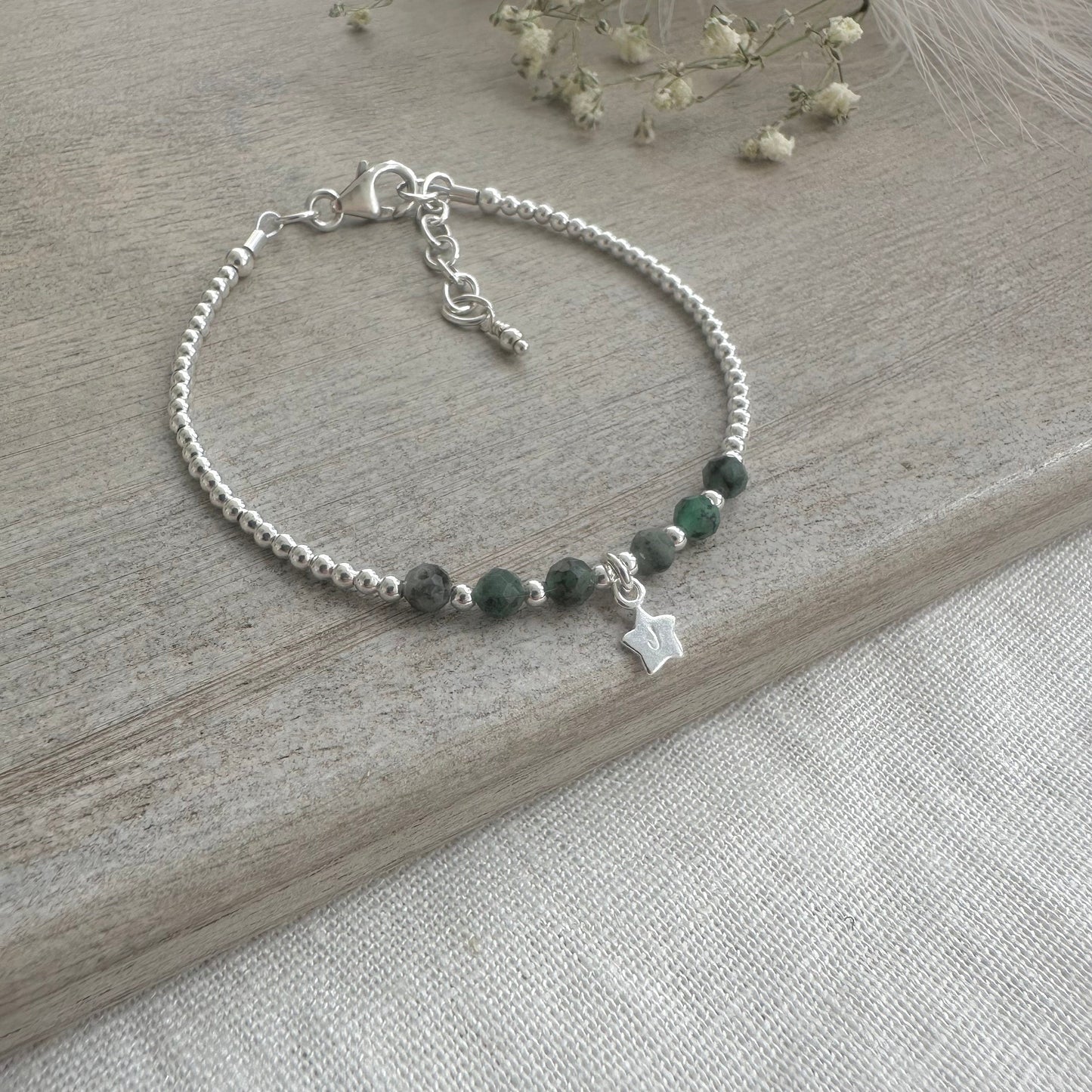 Personalised Emerald May Birthstone Bracelet with star charm, Dainty Jewellery in Sterling Silver