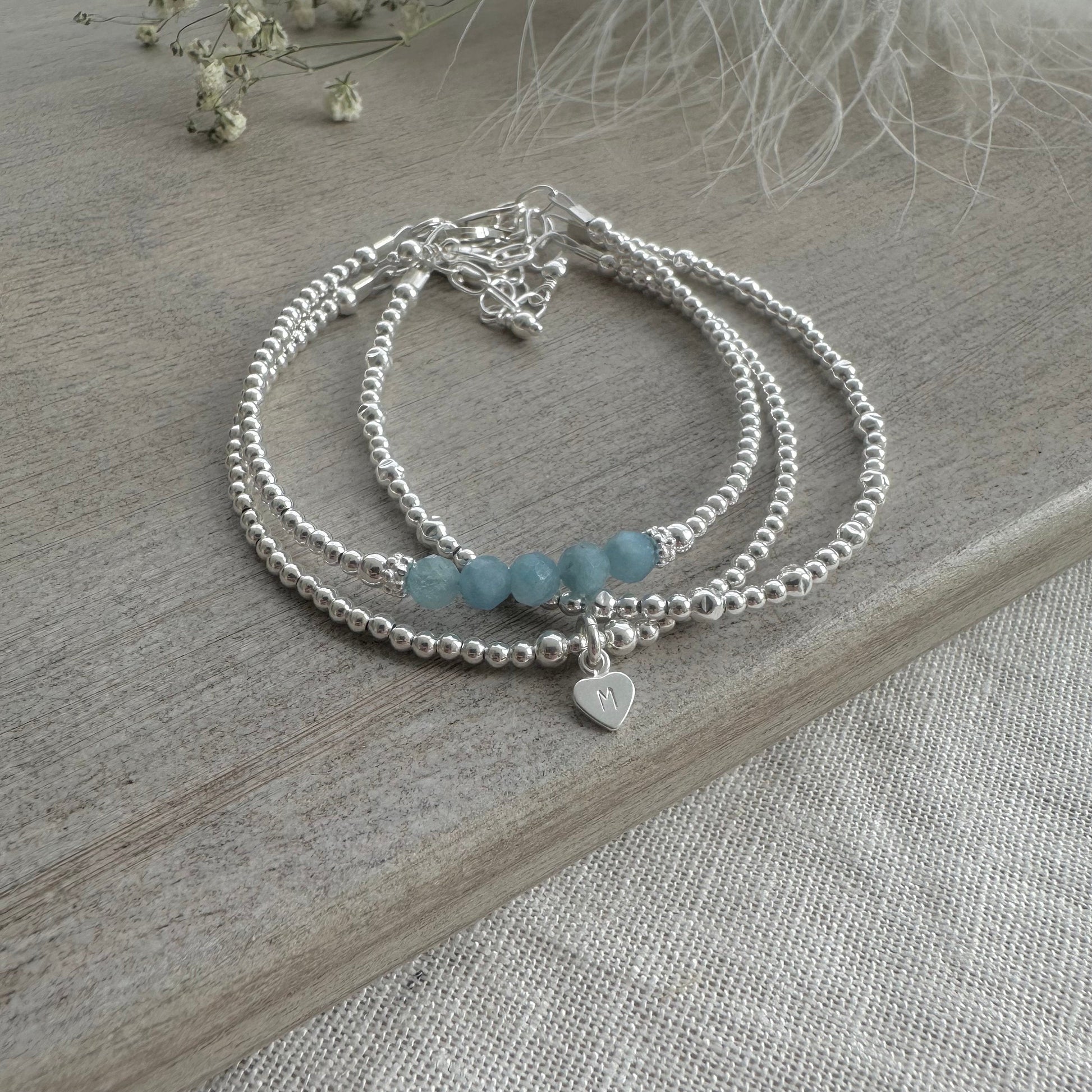 Personalised March Birthstone Aquamarine Bracelet Set, Dainty Sterling Silver Stacking Bracelets for Women