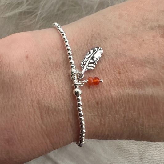 Stretch Feather Birthstone Charm Bracelet, Dainty Layering Sterling Silver bracelet with feather