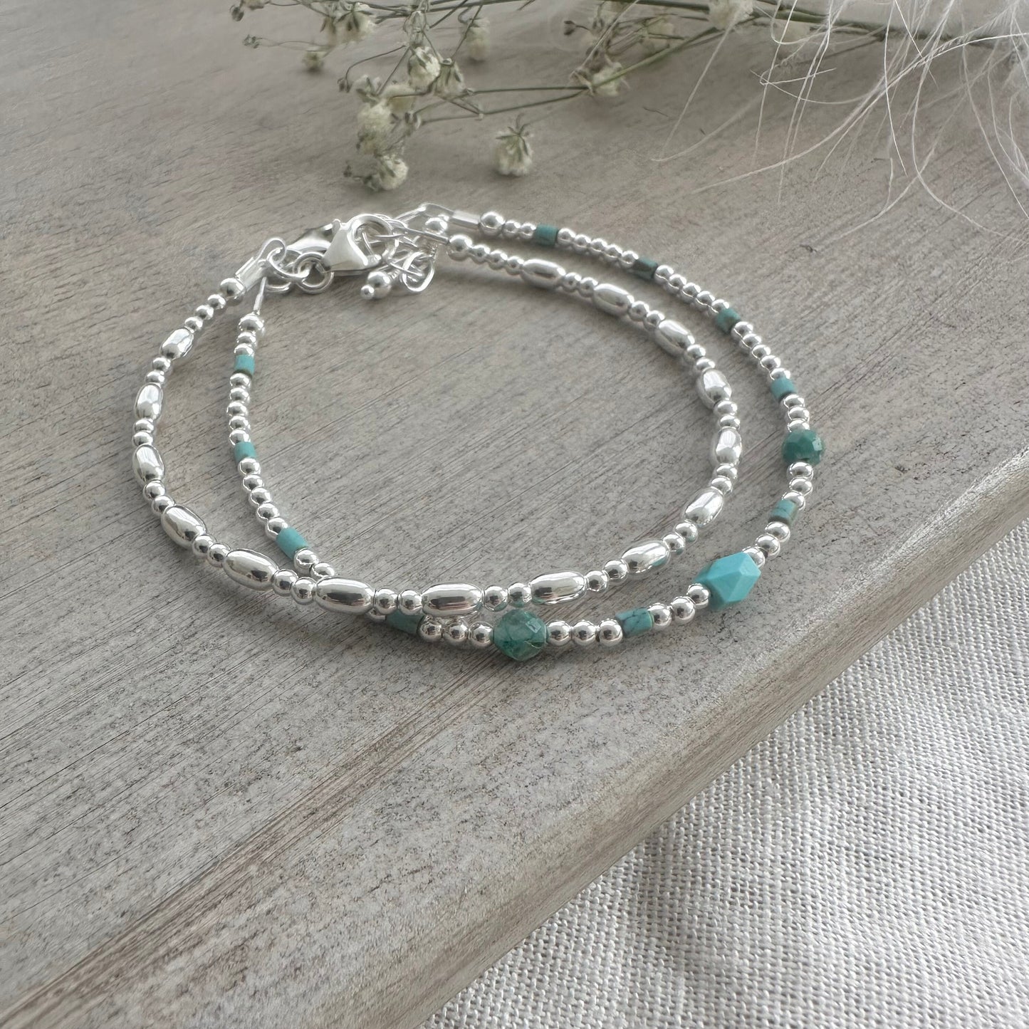 Set of Silver & Turquoise Bracelets, Dainty Turquoise Bracelet in Sterling Silver