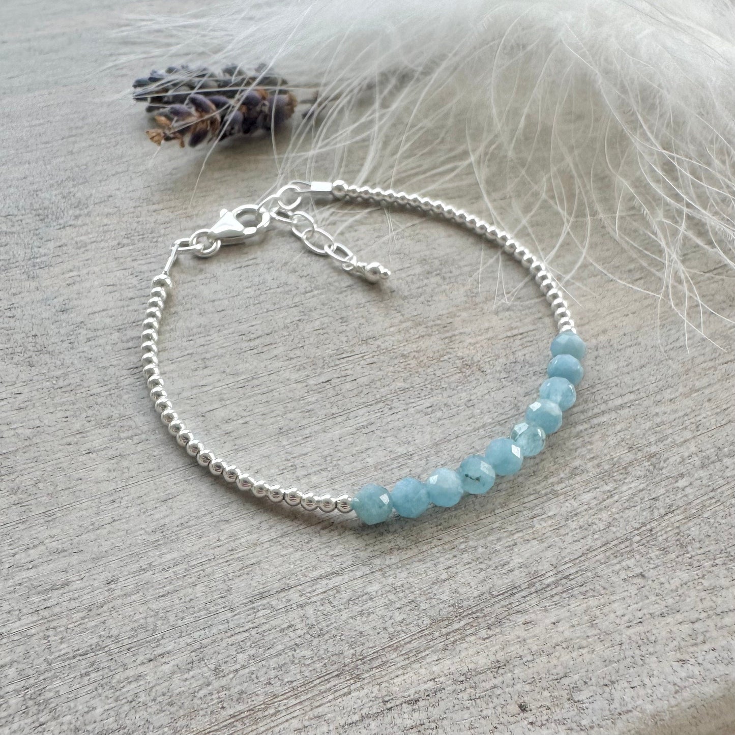 Aquamarine March Birthstone Bracelet, dainty stacking bracelet in sterling silver