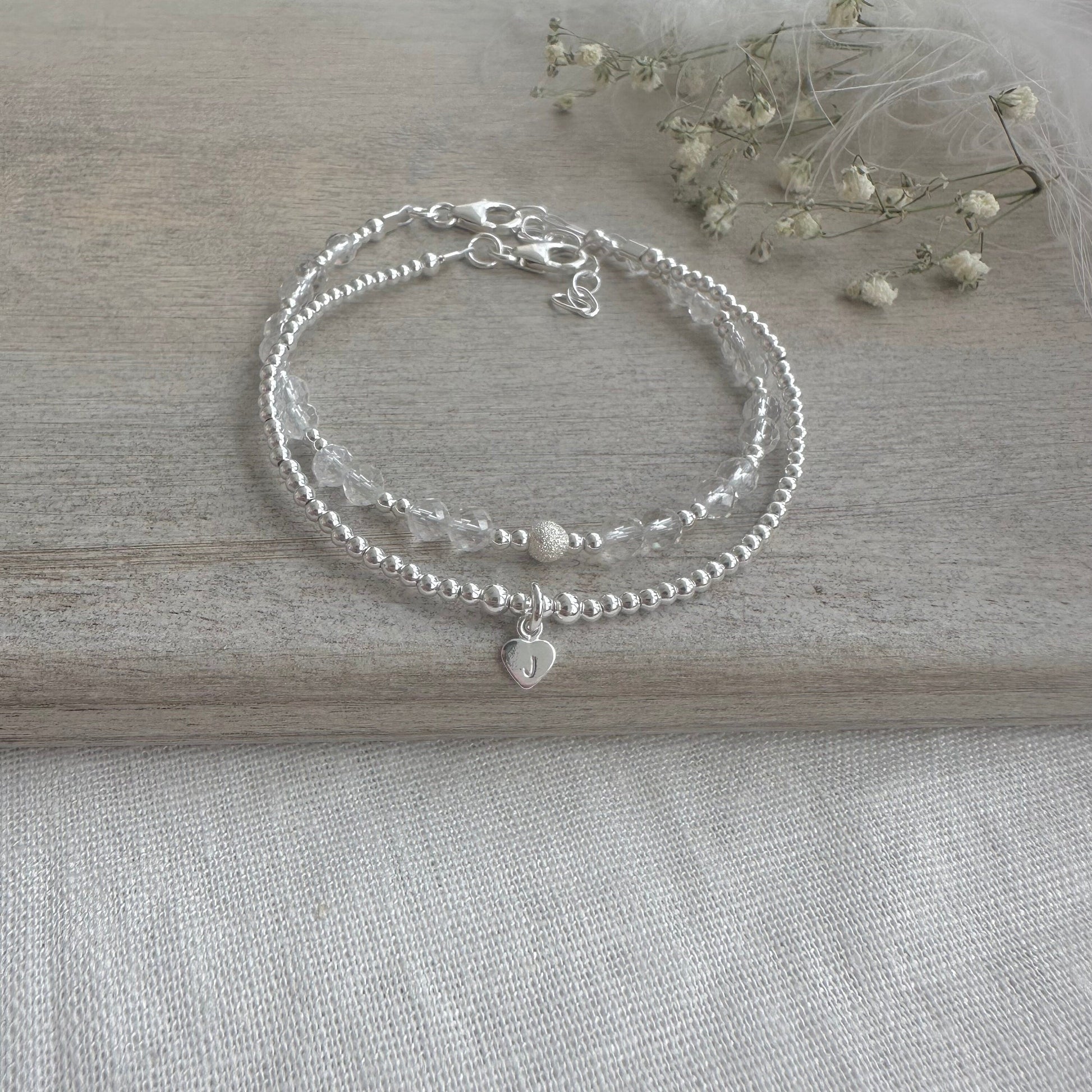 Set of 2 April Birthstone Rock Quartz Bracelets, Stacking Bracelets for April Birthday