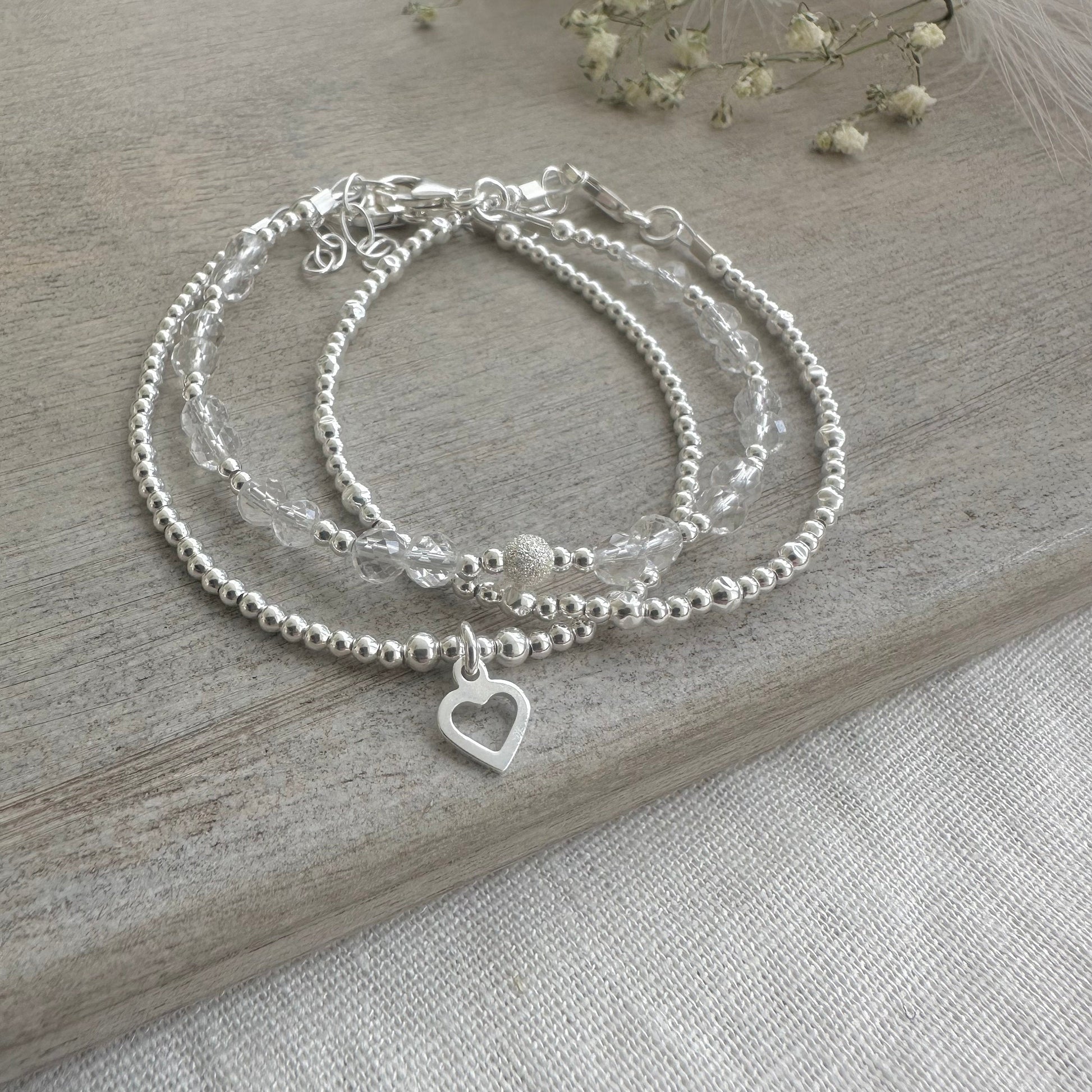 A Dainty April Birthstone Rock Quartz Bracelet Set, April Stacking Bracelets for Women in Sterling Silver