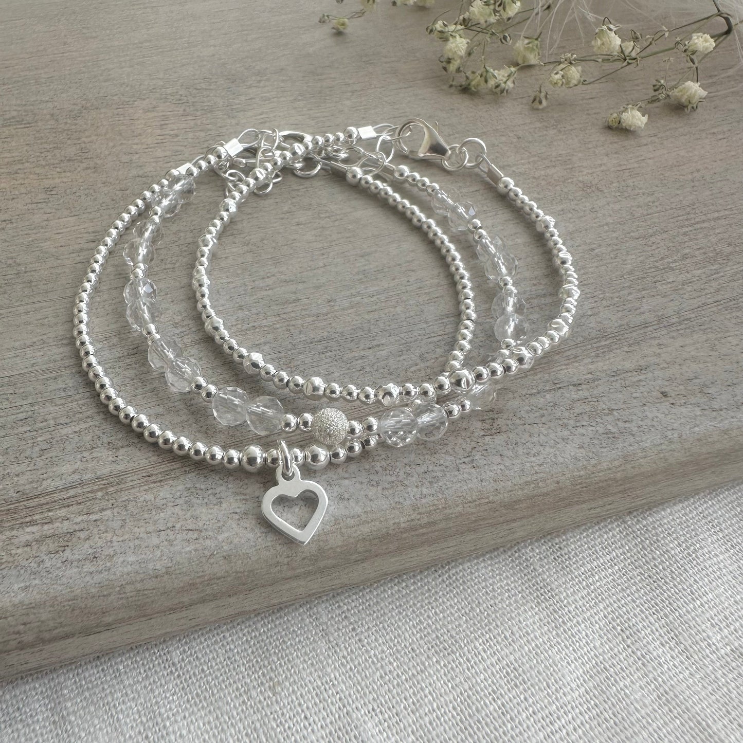 A Dainty April Birthstone Rock Quartz Bracelet Set, April Stacking Bracelets for Women in Sterling Silver