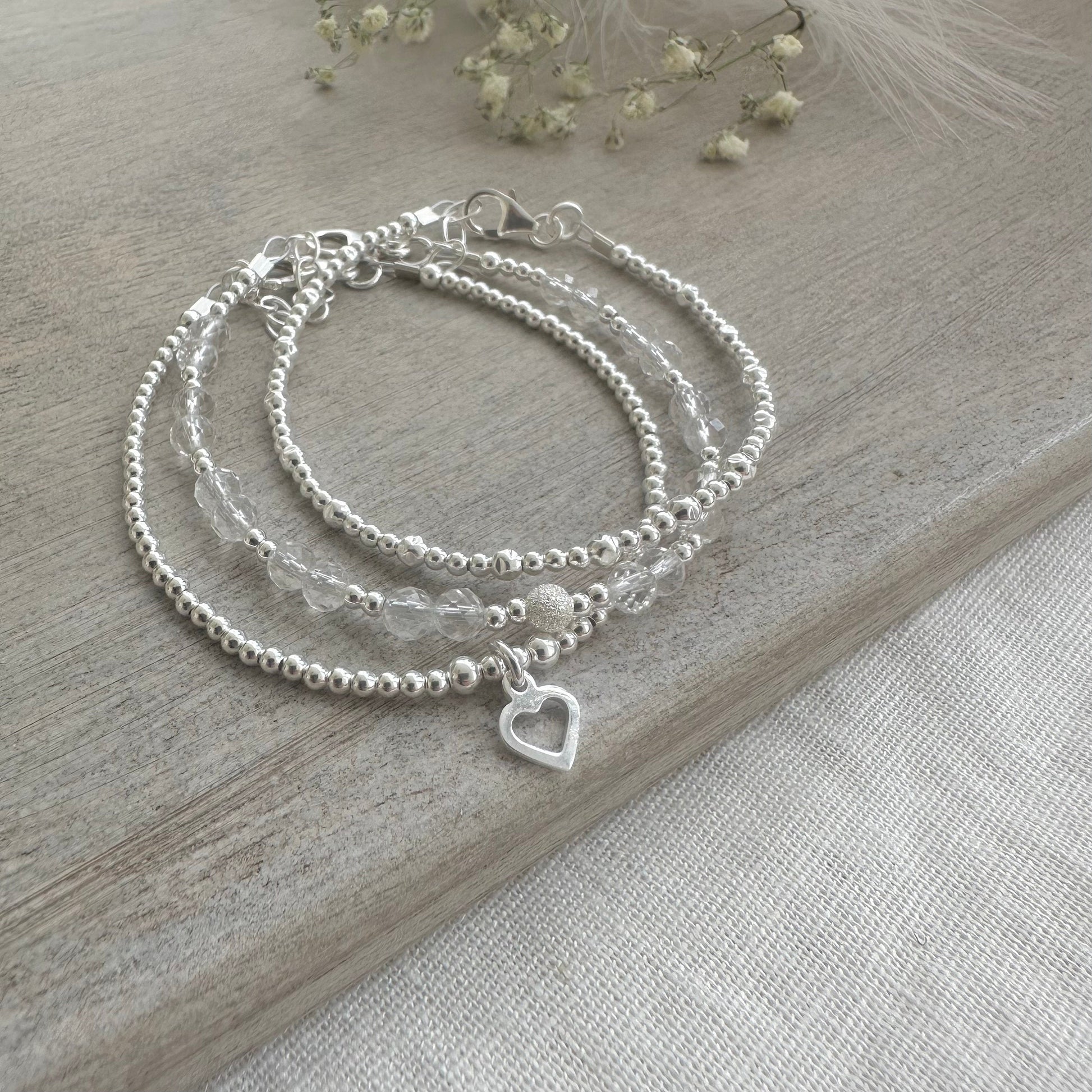 A Dainty April Birthstone Rock Quartz Bracelet Set, April Stacking Bracelets for Women in Sterling Silver