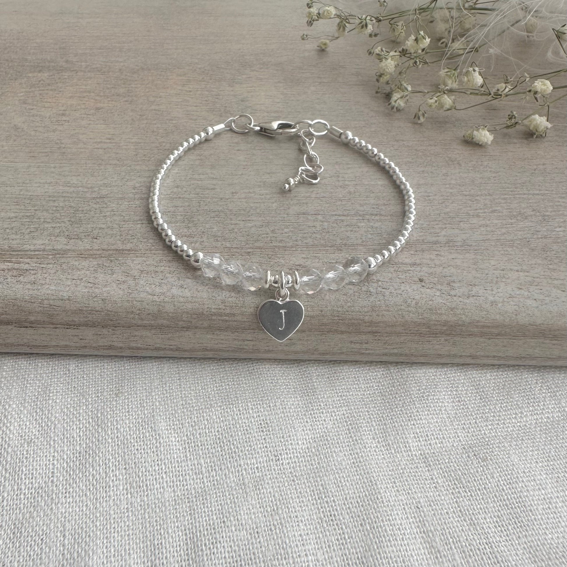 Personalised April Birthstone Bracelet, Dainty Rock Quartz Bracelet in Sterling Silver nft