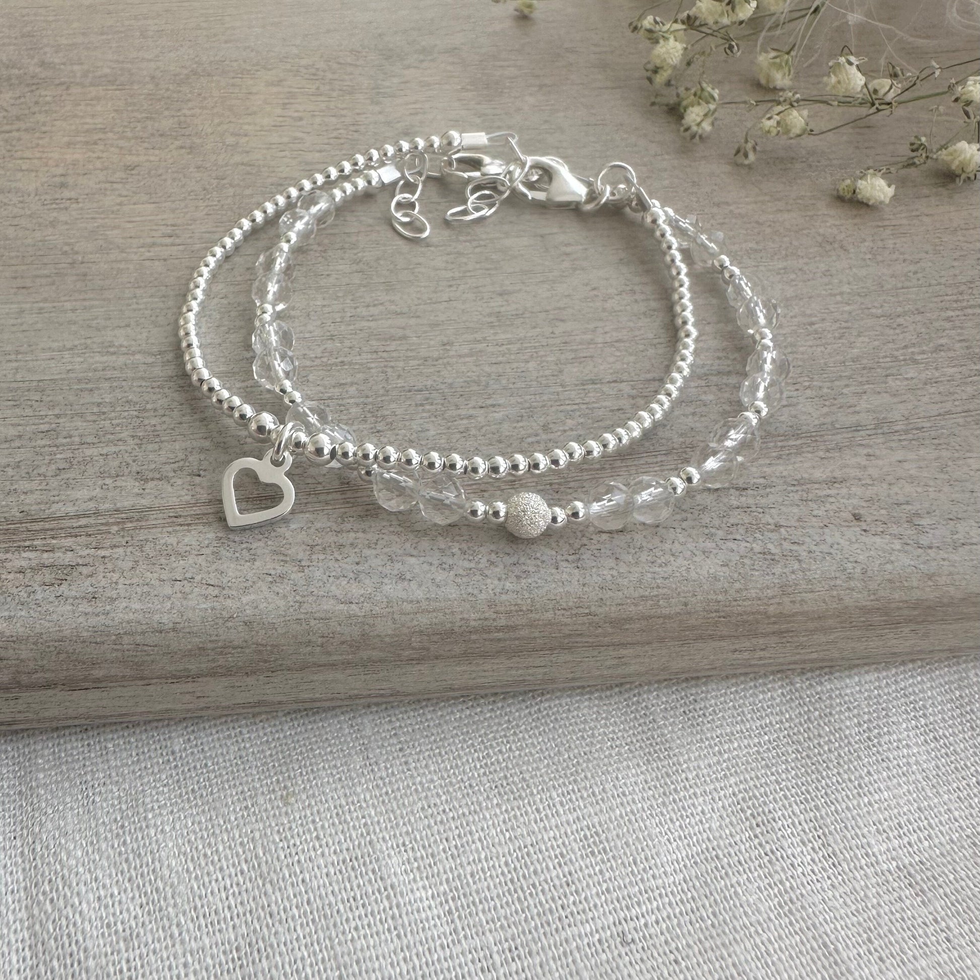 Rock Quartz Bracelet Set made with April Birthstone and Sterling Silver, April Birthday Gift for Women