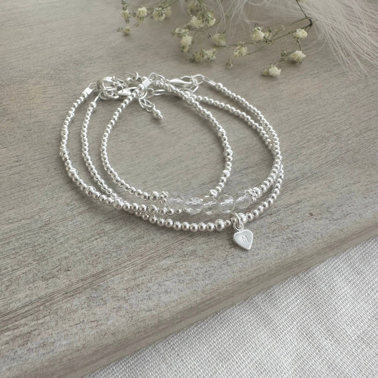 Personalised April Birthstone Rock Quartz Bracelet Set, Dainty Sterling Silver Stacking Bracelets for Women