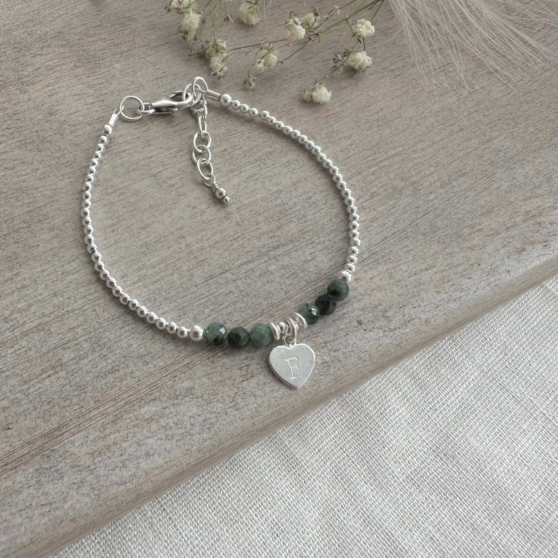 Personalised May Birthstone Bracelet, Dainty Emerald Bracelet in Sterling Silver