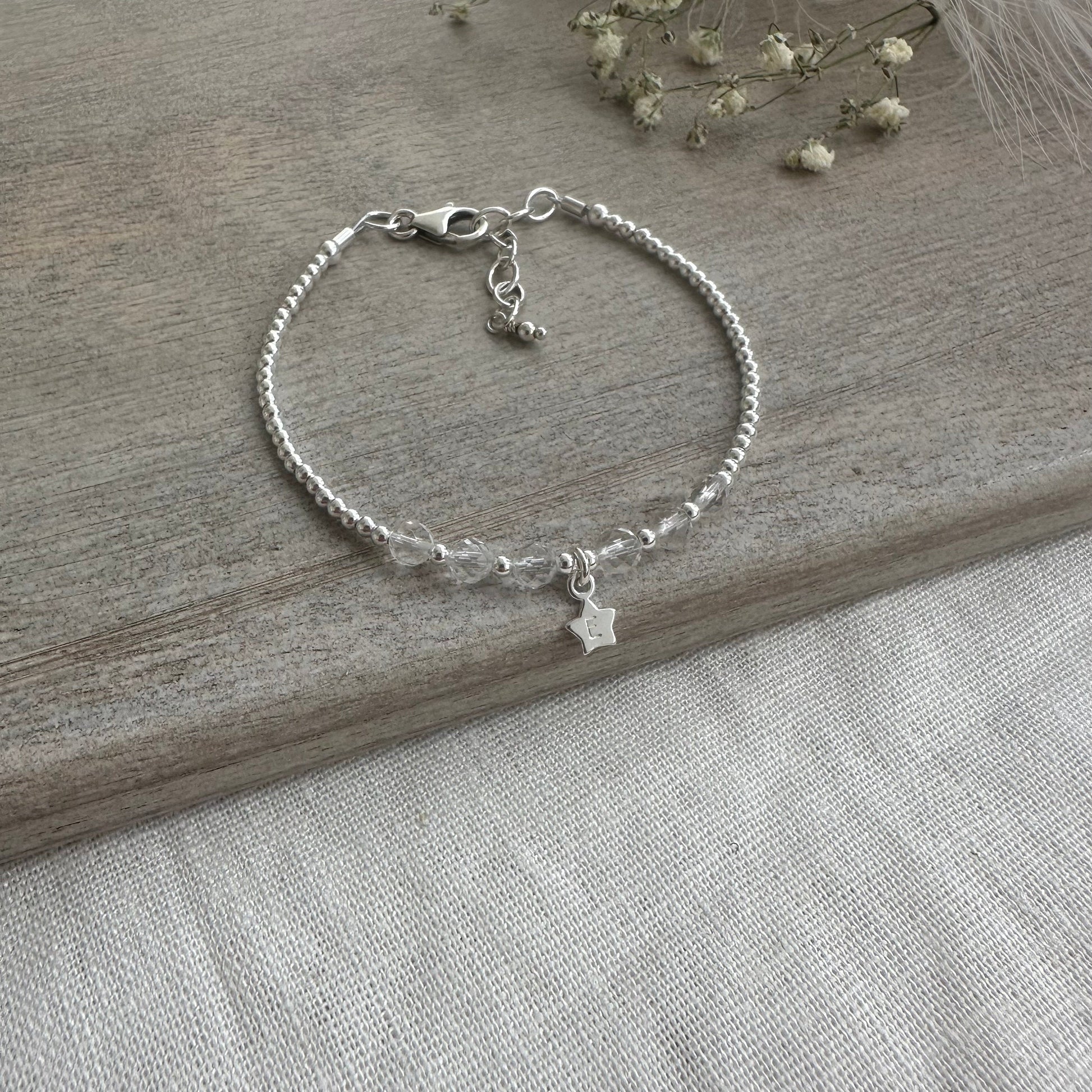 Personalised Star April Birthstone Bracelet, Dainty Rock Quartz Bracelet in Sterling Silver