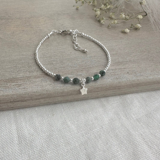 Personalised Emerald May Birthstone Bracelet with star charm, Dainty Jewellery in Sterling Silver