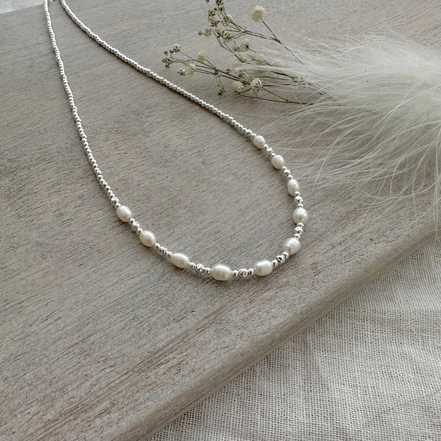 Pearl Sterling Silver Beaded Necklace, June Birthstone oval ivory pearl jewellery made to order