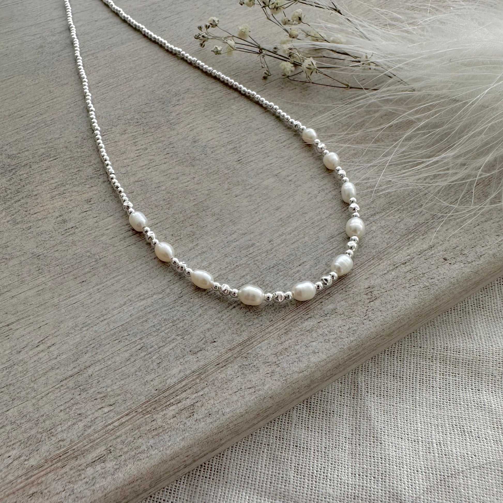 Pearl Sterling Silver Beaded Necklace, June Birthstone oval ivory pearl jewellery made to order