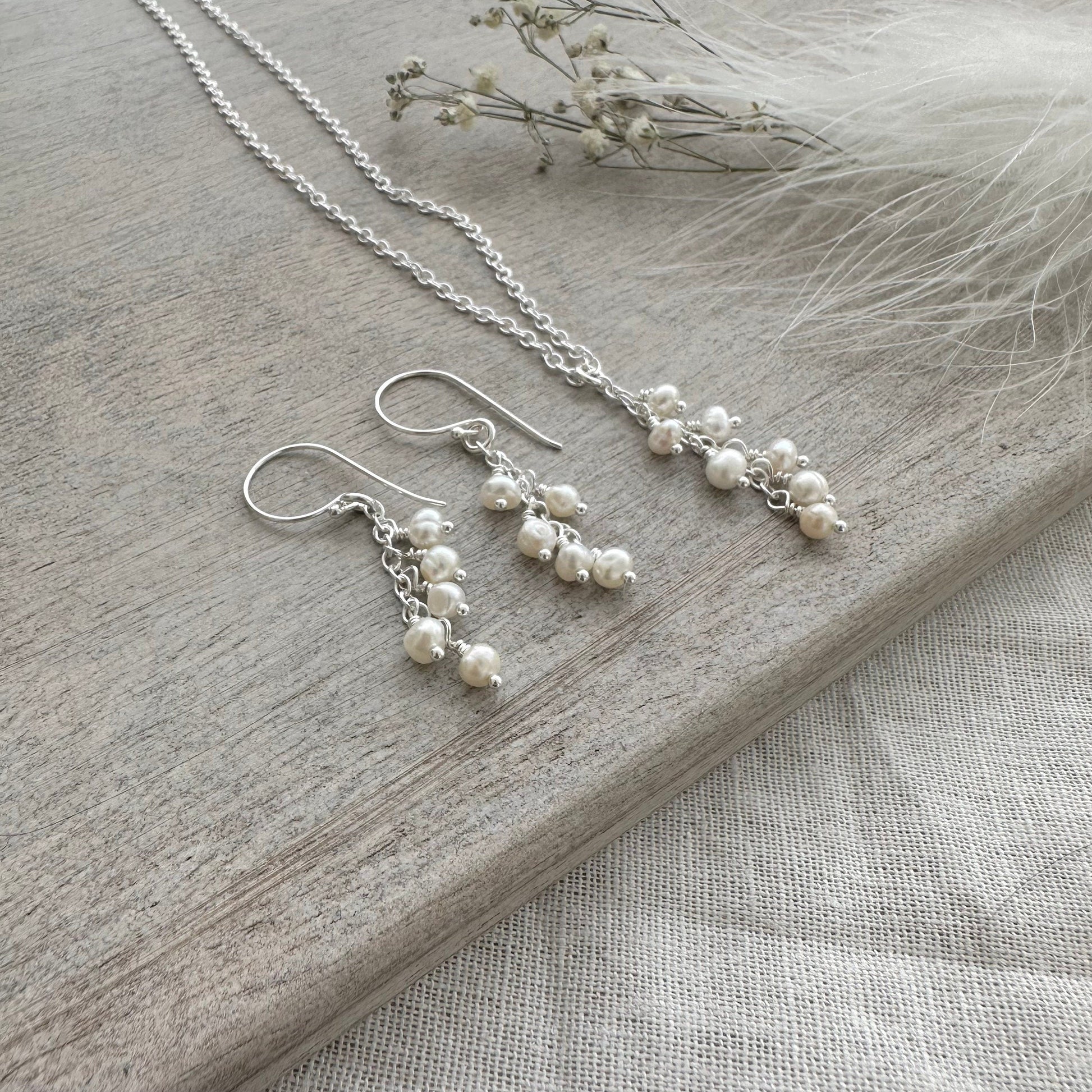 Dainty Pearl Necklace Earring Set for birthday, June Birthstone and Sterling Silver Made to order jewellery gift for women