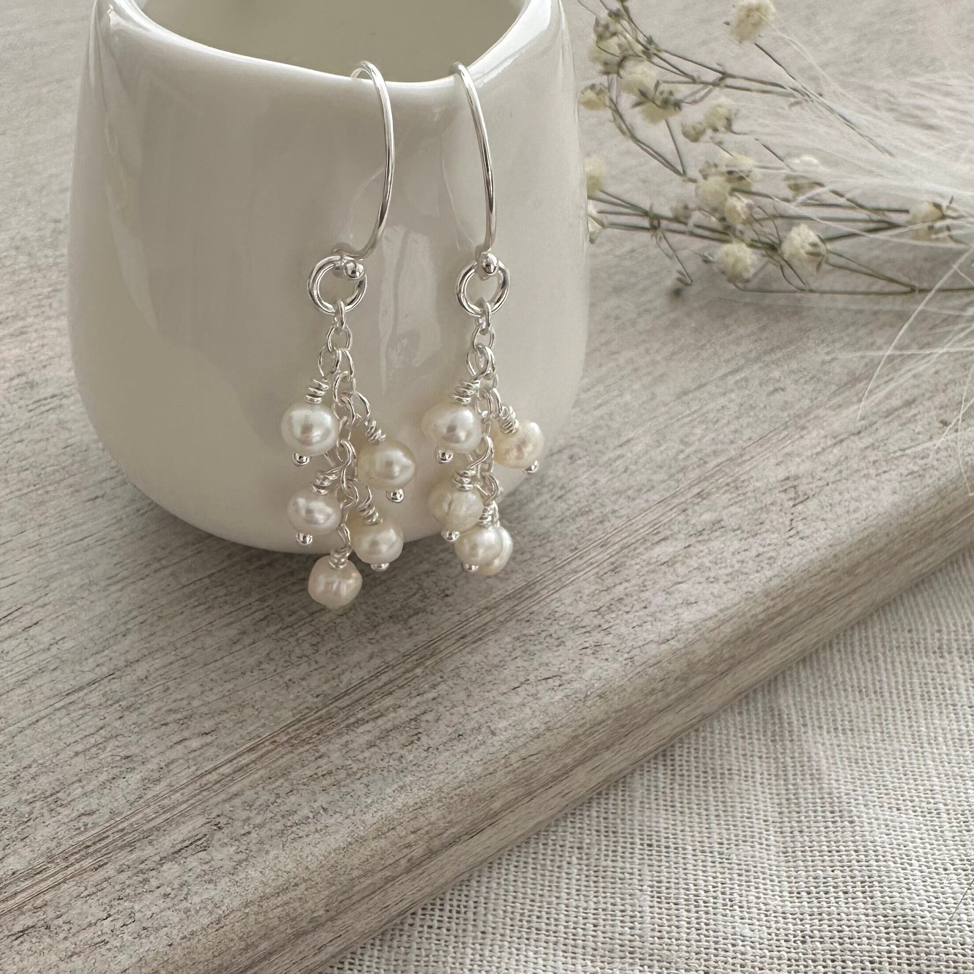 Dainty Ivory Pearl Drop Earrings for birthday, June Birthstone and Sterling Silver Made to order jewellery gift for women