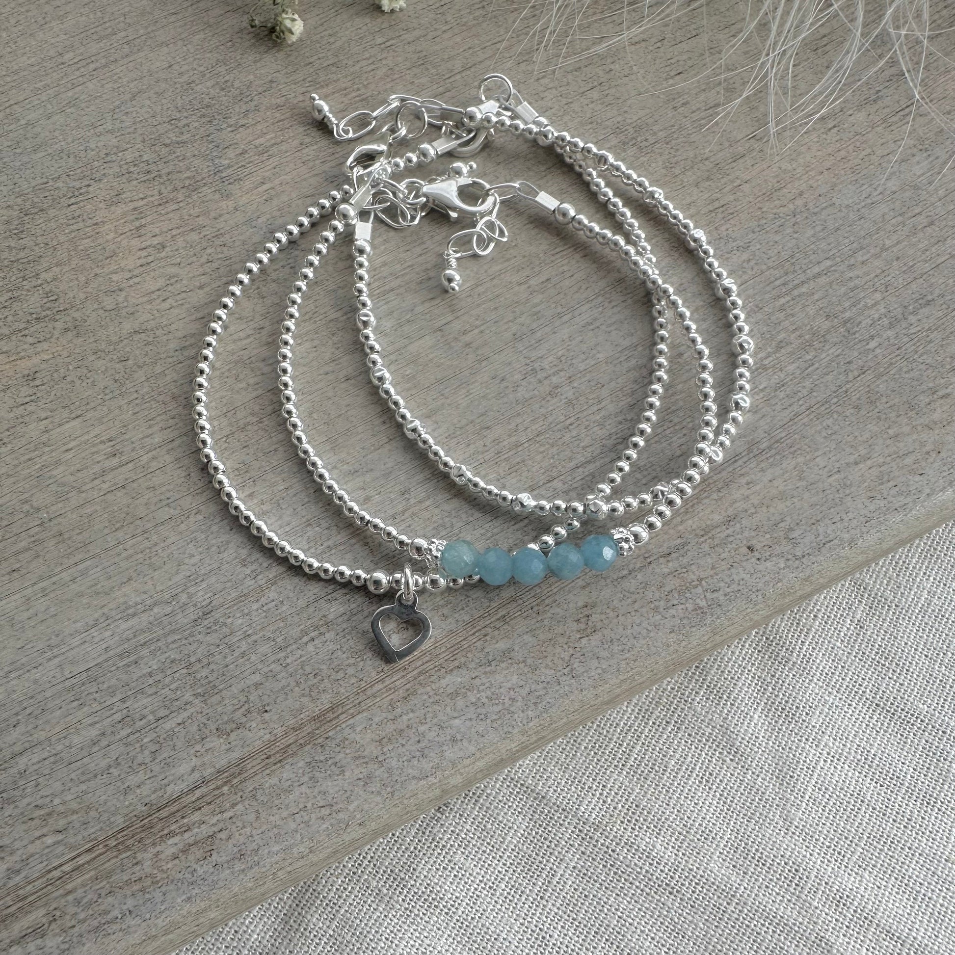 Personalised March Birthstone Aquamarine Bracelet Set, Dainty Sterling Silver Stacking Bracelets for Women