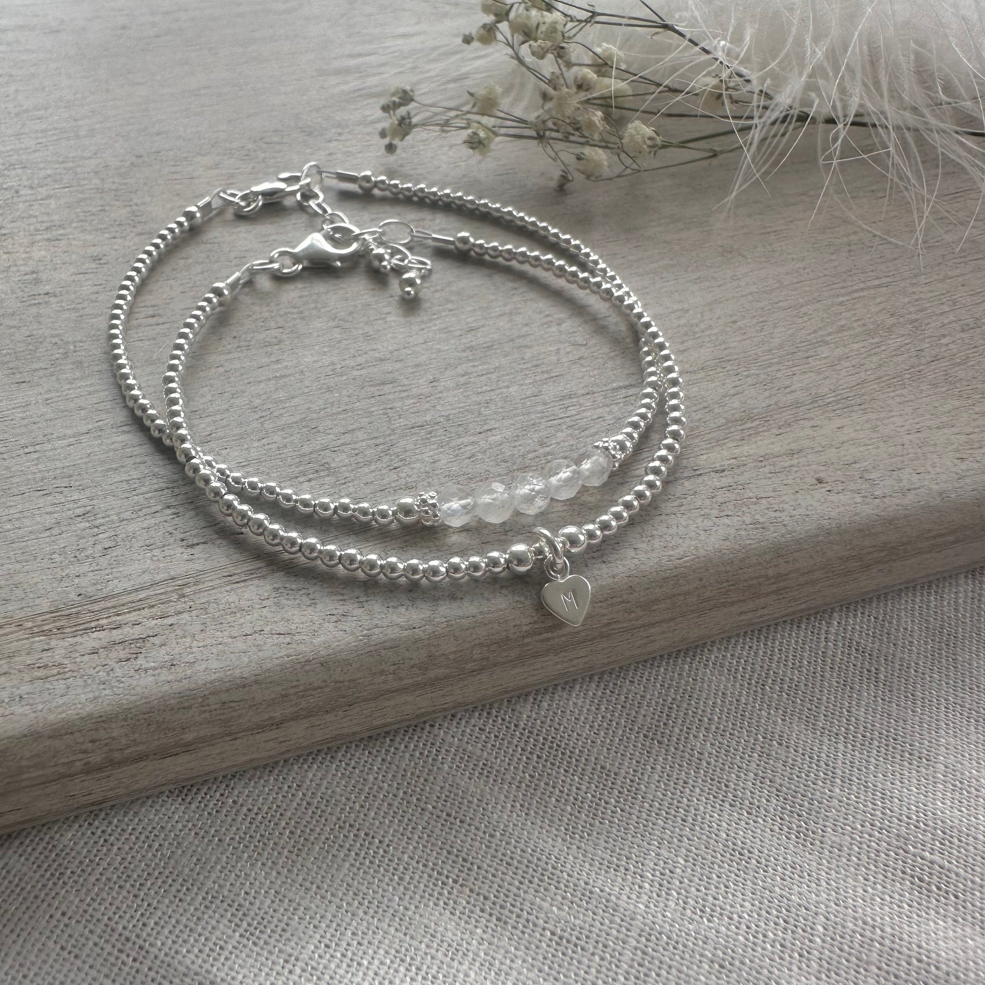 Personalised White Moonstone Bracelet Set, June Birthstone Jewellery